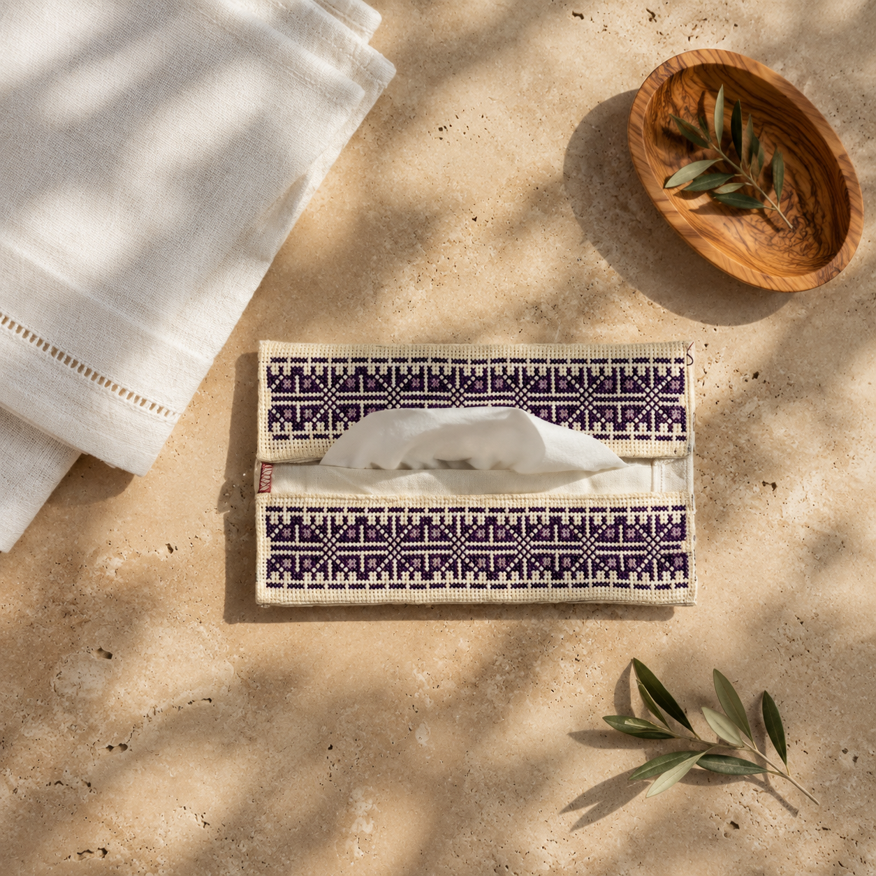 Cream & Violet Palestinian Tatreez Tissue Box Cover