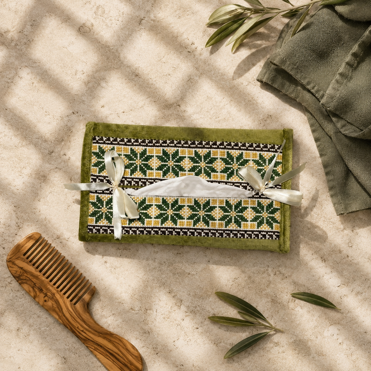 Olive Green Bow Palestinian Tatreez Tissue Box Cover