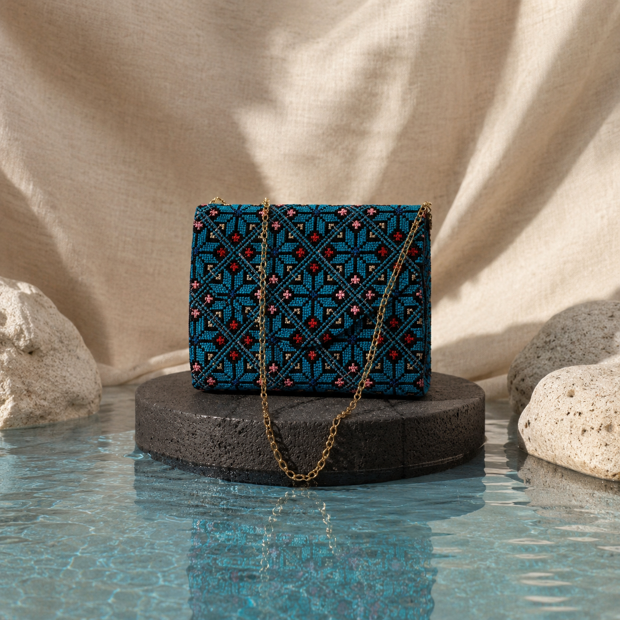 Turquoise Palestinian Tatreez Mini Chain Bag