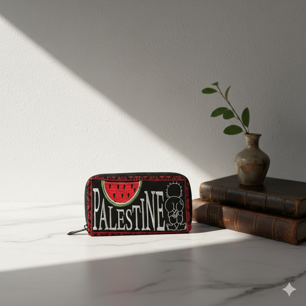 Portefeuille brodé Palestine – Motif pastèque et Handala | Portefeuille zippé