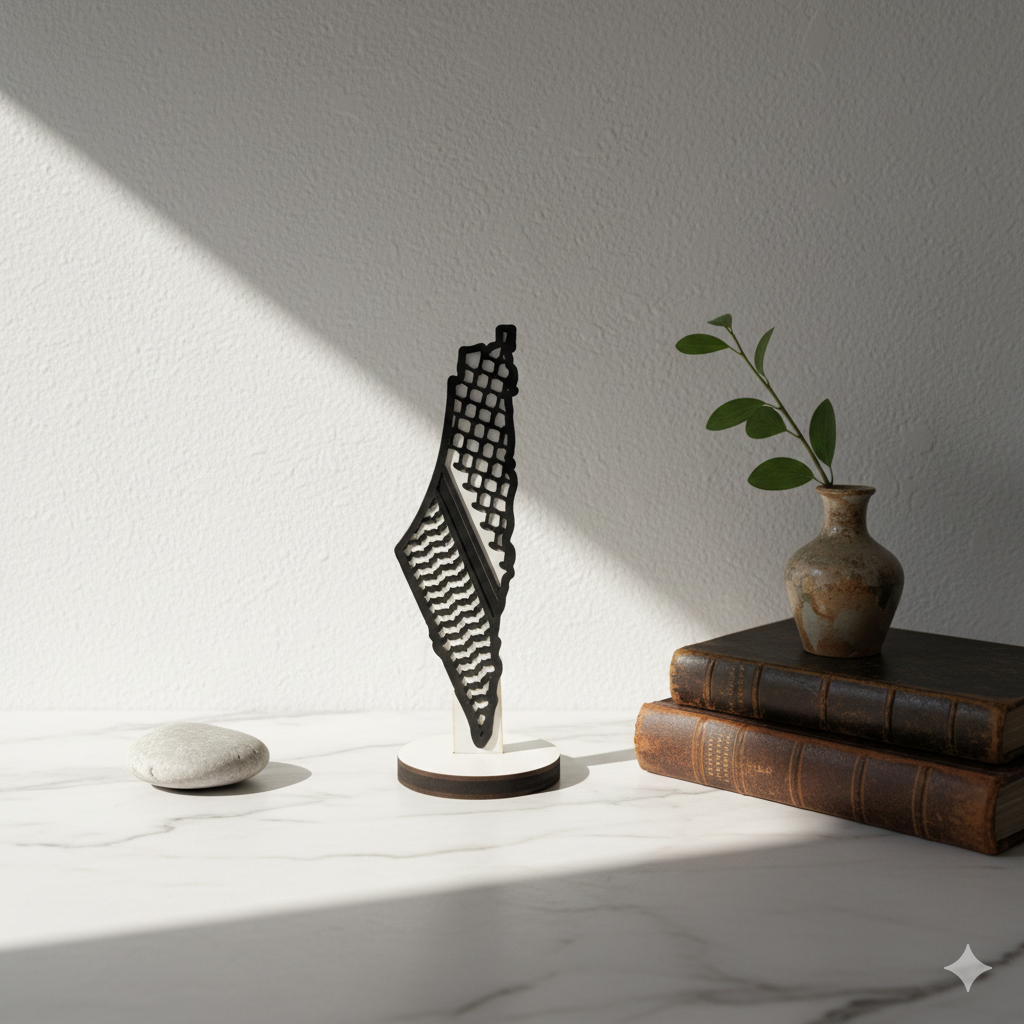 Minimalist Wooden Palestine Map Sculpture – Keffiyeh Pattern | Modern Desk & Home Decor