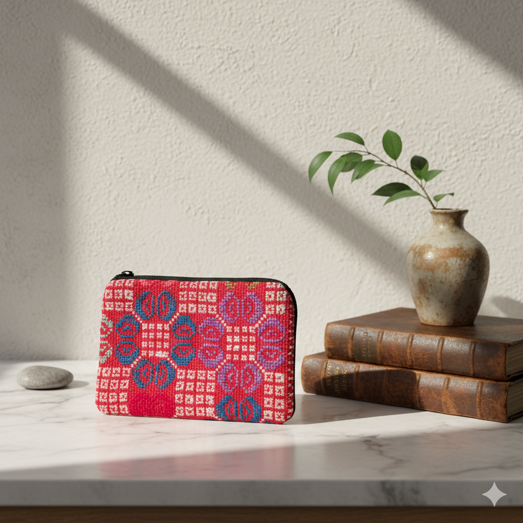 Palestinian Embroidered Coin Purse – Red Floral Tatreez Pattern | Handmade