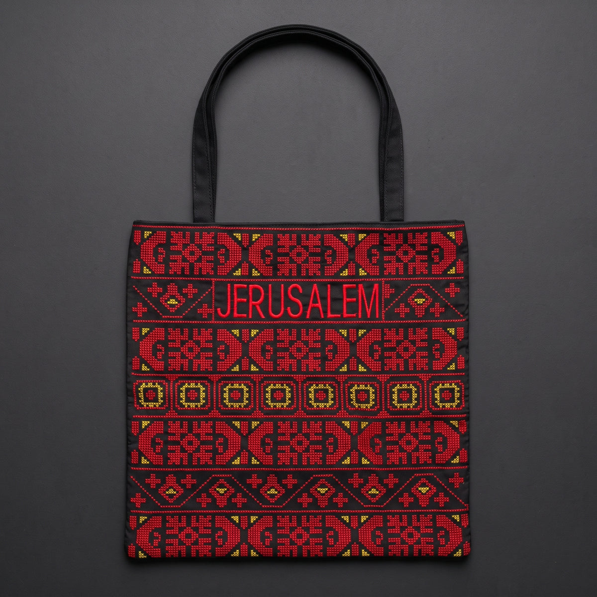 Jerusalem Tatreez Heritage Tote Bag | Red & Yellow Geometric Embroidery
