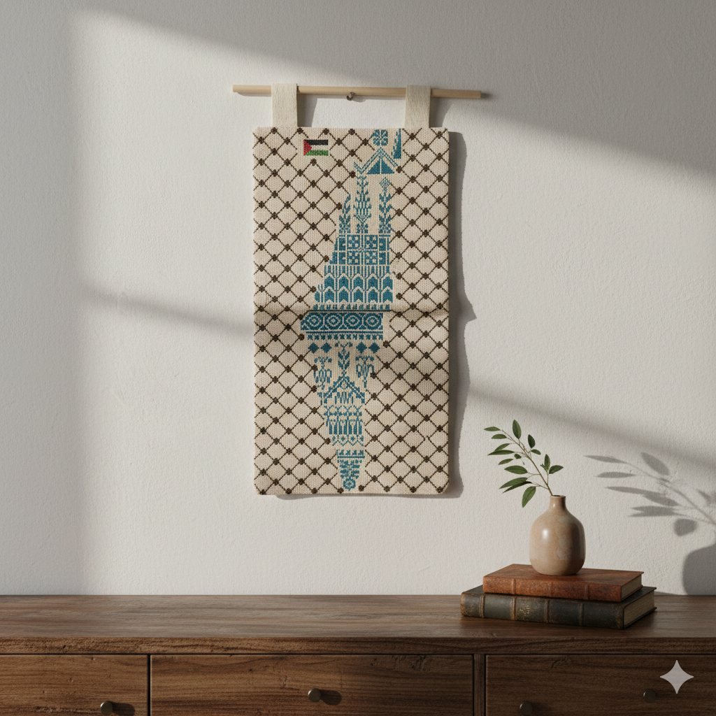 Handmade Palestinian Tatreez Wall Hanging – Jerusalem Map Design | Red, Blue & Pink Patterns | Premium Embroidered Home Decor
