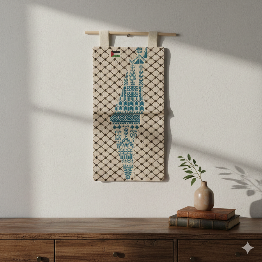 Handmade Palestinian Tatreez Wall Hanging – Jerusalem Map Design | Red, Blue & Pink Patterns | Premium Embroidered Home Decor