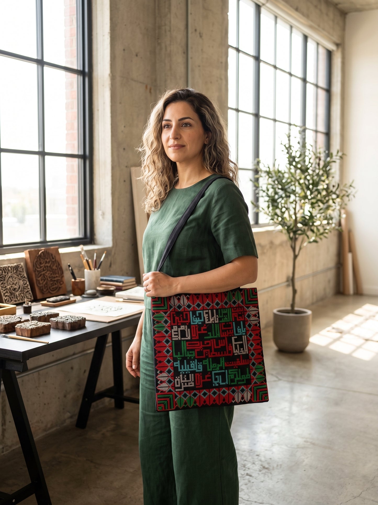 Artisanal Embroidered Tatreez & Arabic Heritage Script Tote Bag