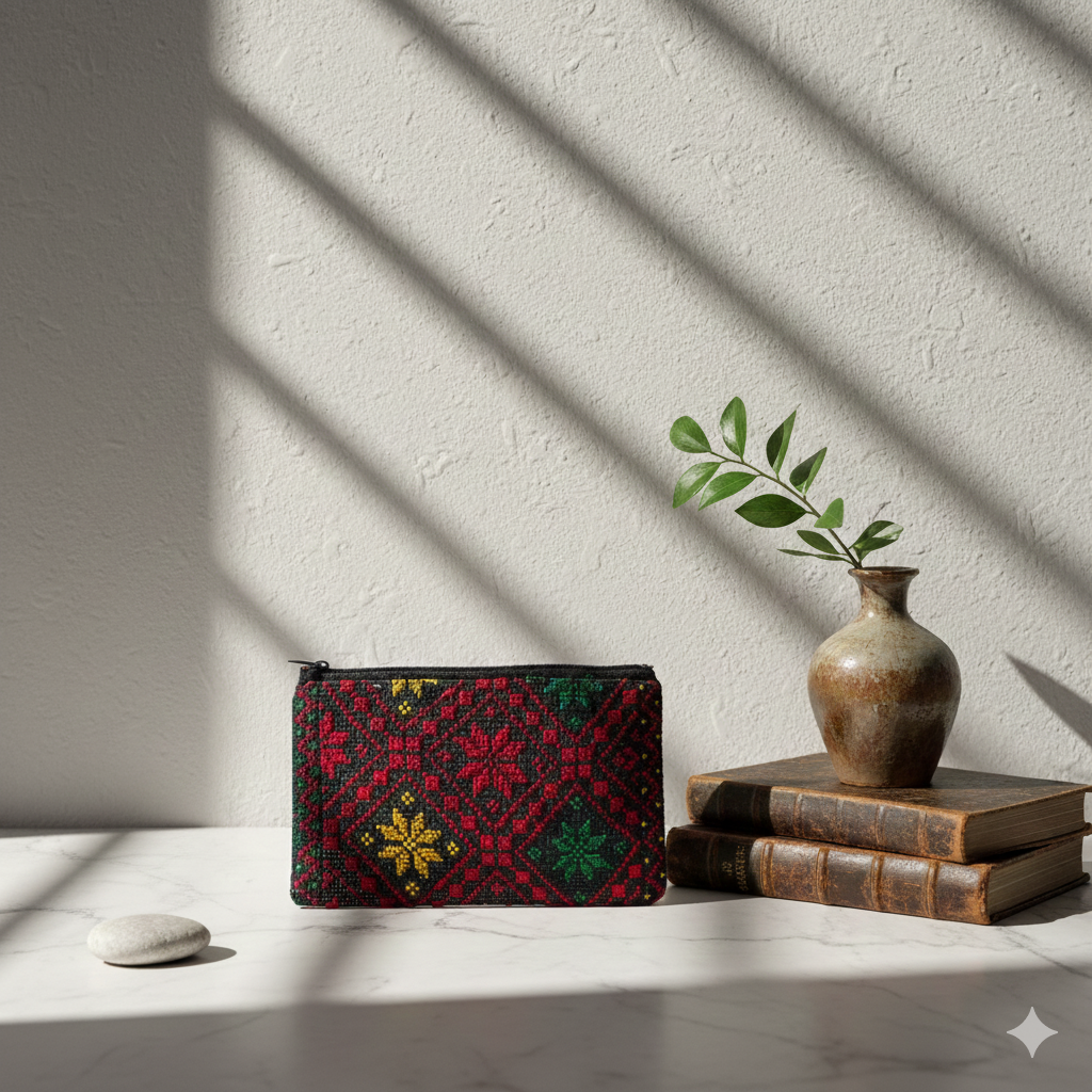 Palestinian Embroidered Coin Purse – Red, Green & Yellow Tatreez Pattern | Handmade
