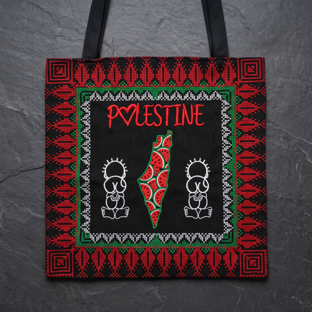 Tatreez Heritage Tote Bag | Watermelon Map & Handala