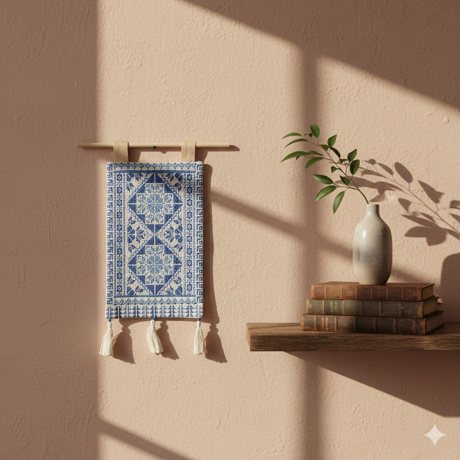 Palestinian Blue Embroidered Wall Hanging – Traditional Tatreez Home Decor | Cultural Art Piece