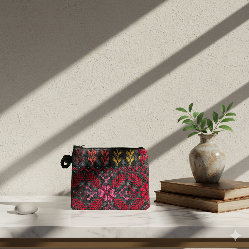 Palestinian Embroidered Coin Purse – Black & Red Tatreez Pattern | Handmade | Cultural Heritage Piece