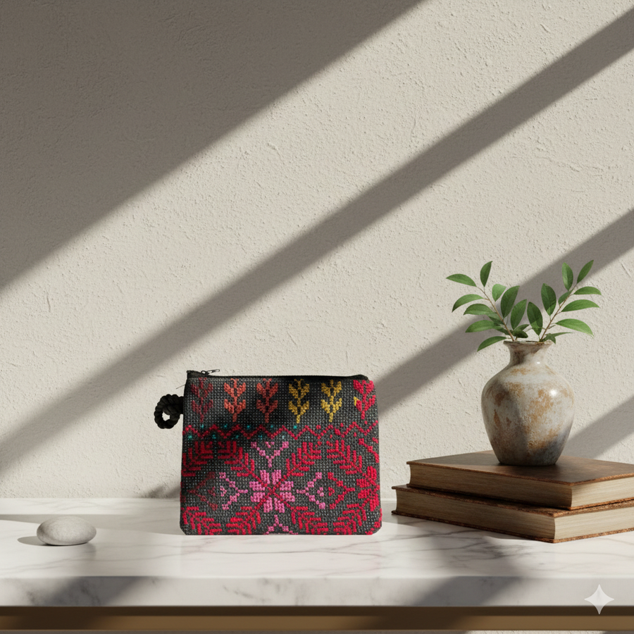 Palestinian Embroidered Coin Purse – Black & Red Tatreez Pattern | Handmade | Cultural Heritage Piece