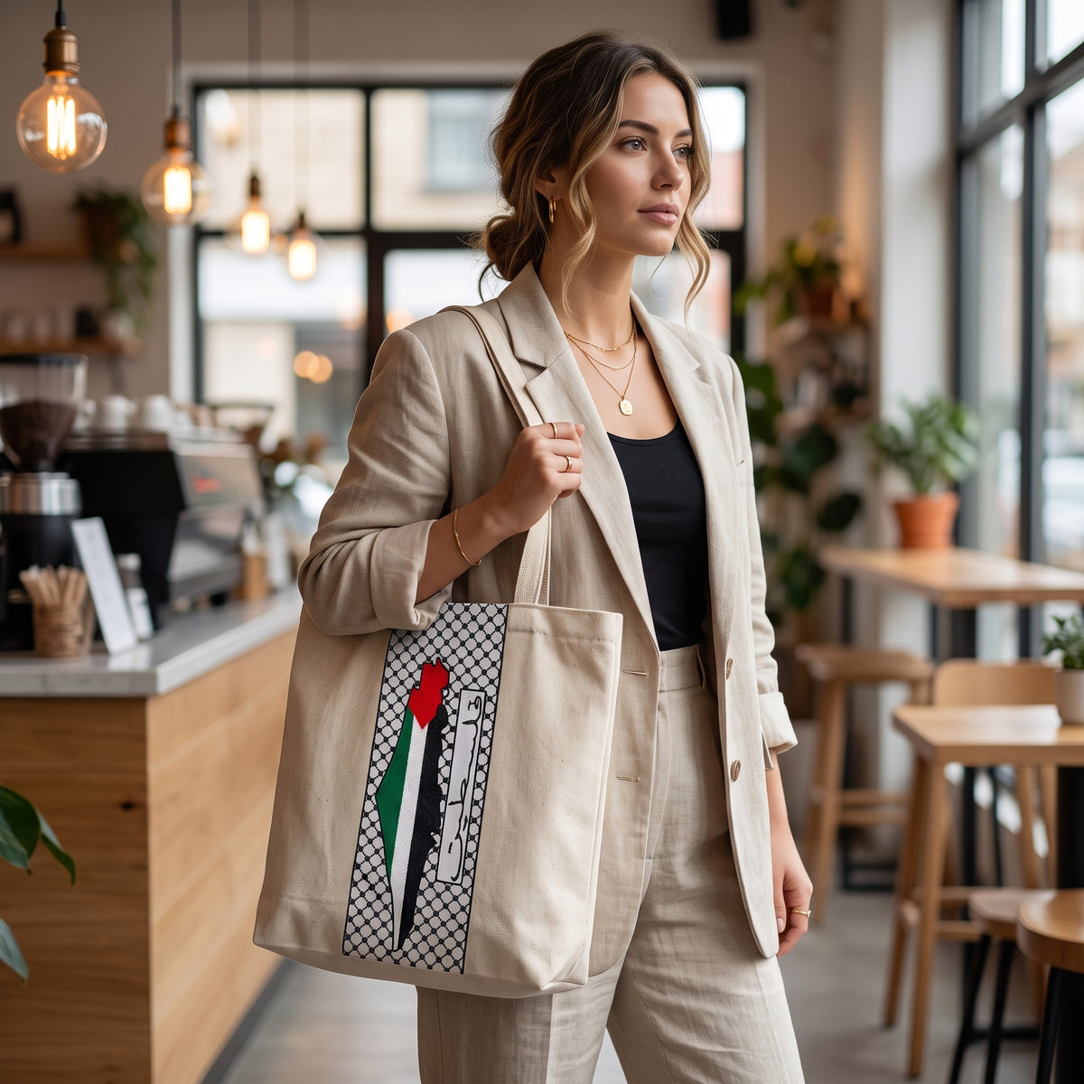 Vertical Keffiyeh Stripe Tote Bag | Embroidered Flag Map