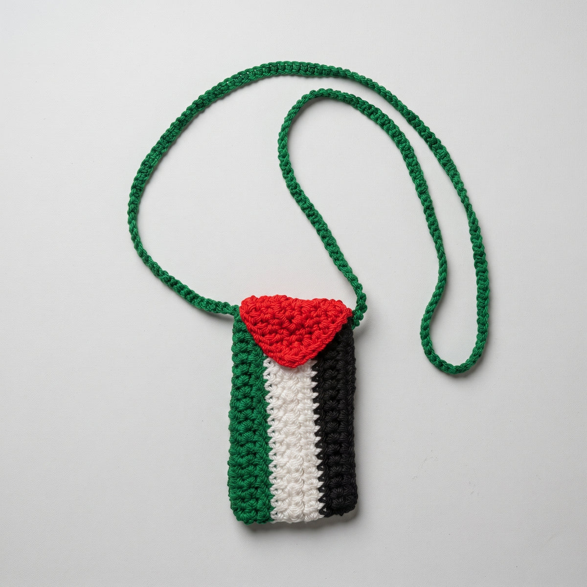 Hand-Crocheted Palestine Flag Phone Pouch | Matching Green Crochet Strap
