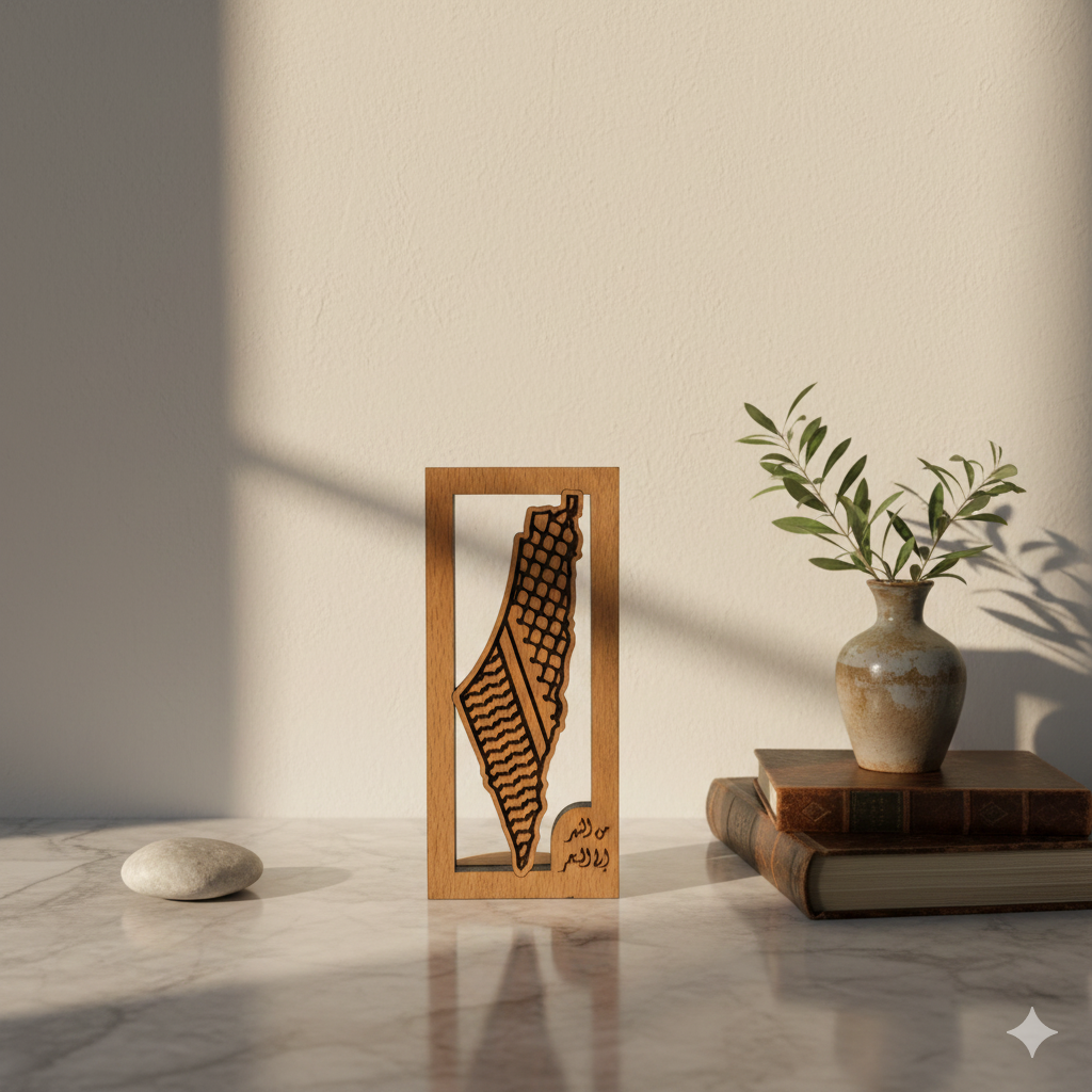 Wooden Palestine Map Decor – Kufiya Engraving | Handcrafted Art Piece