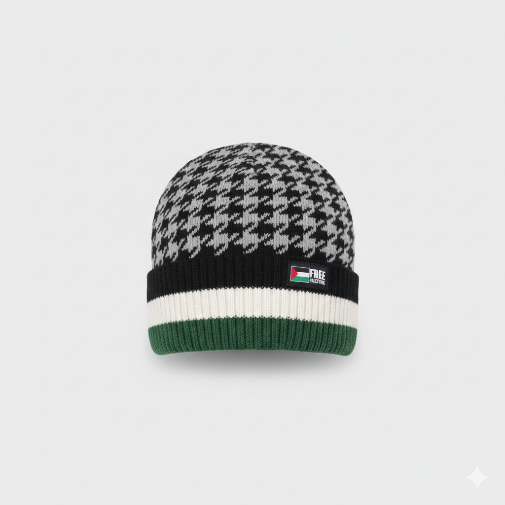 Palestinian Keffiyeh Winter Beanie – Black & White Pattern with Flag Patch | Free Palestine