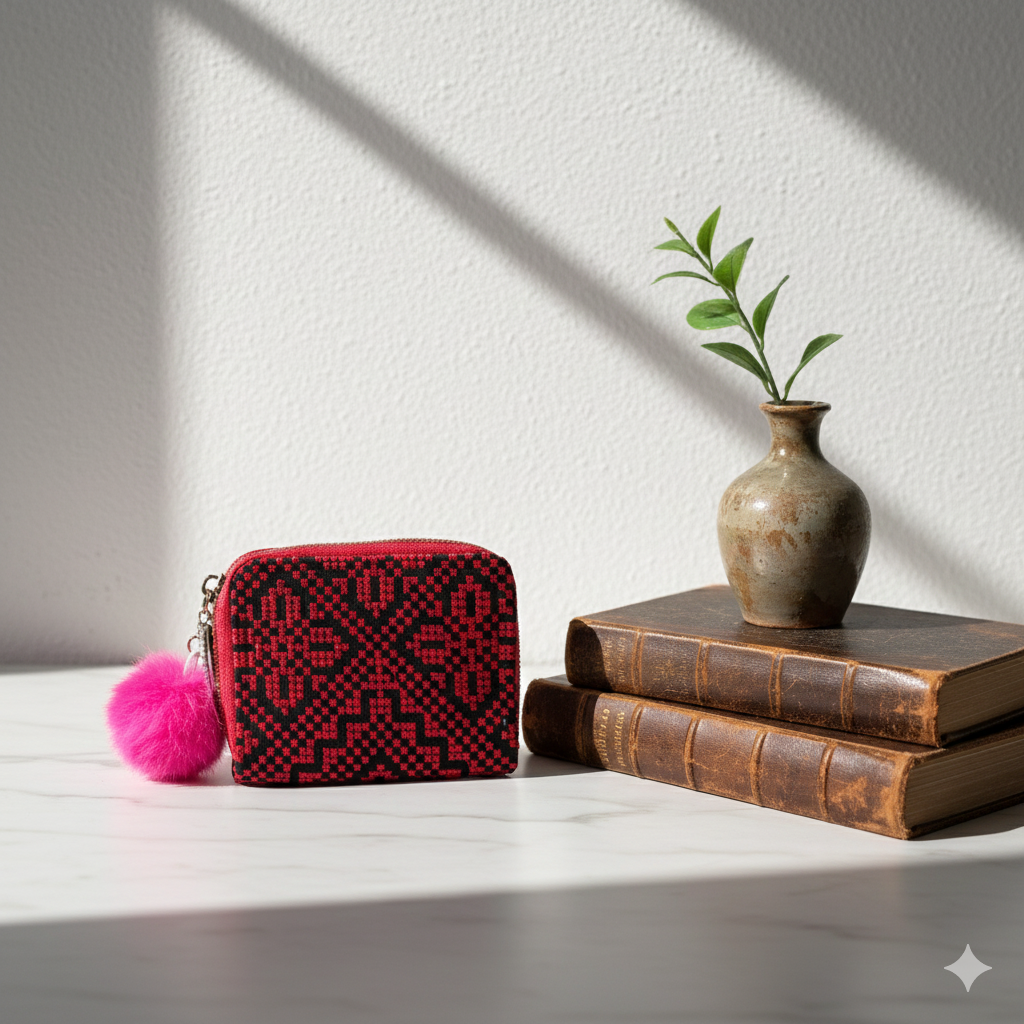 Red & Black Palestinian Tatreez Mini Wallet – Handmade Embroidery with Keychain Pom
