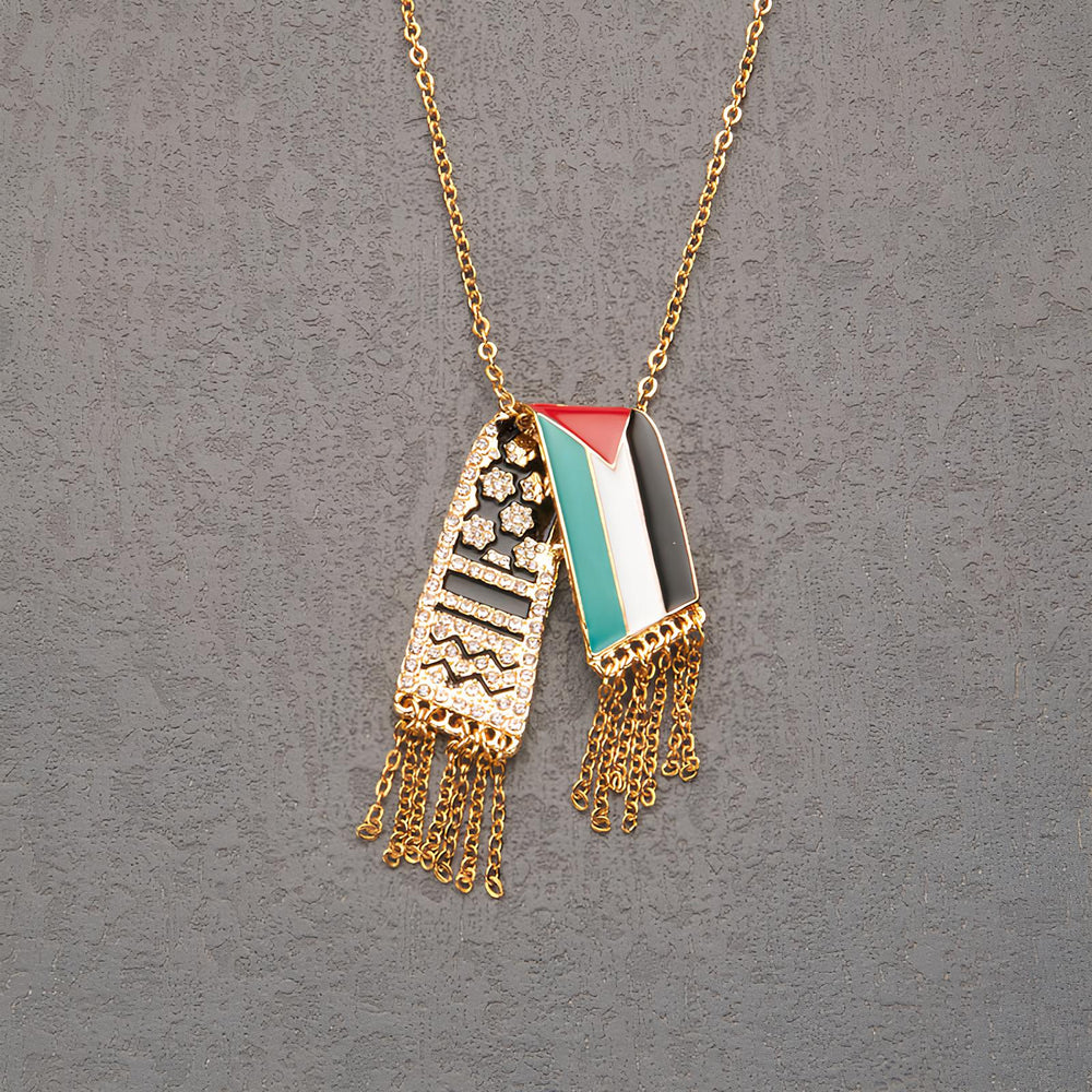 Palestinian Flag & Keffiyeh Pendant Necklace – Gold Finish