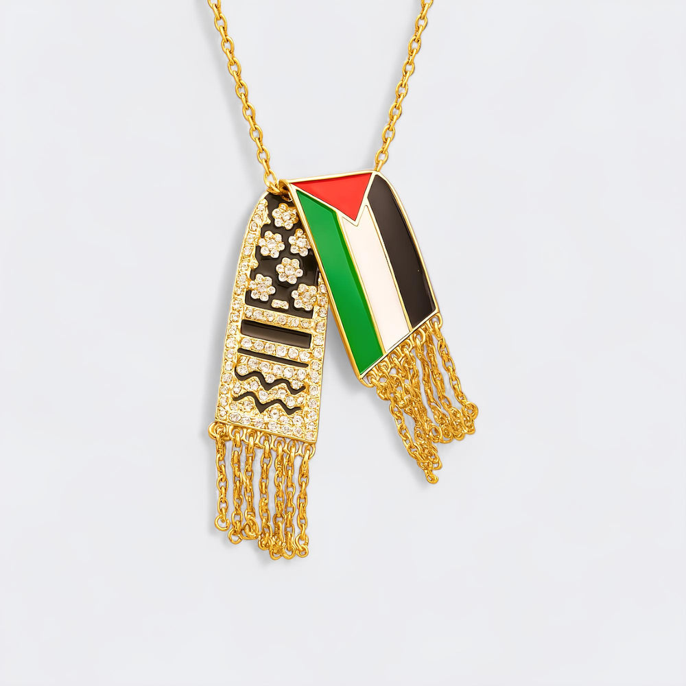Palestinian Flag & Keffiyeh Pendant Necklace – Gold Finish