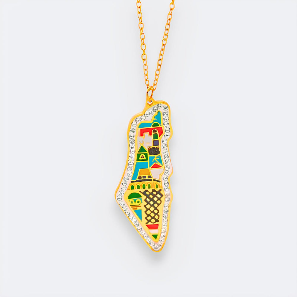✨ Collier Carte de la Palestine avec Monuments Colorés – Doré et Cristaux ✨