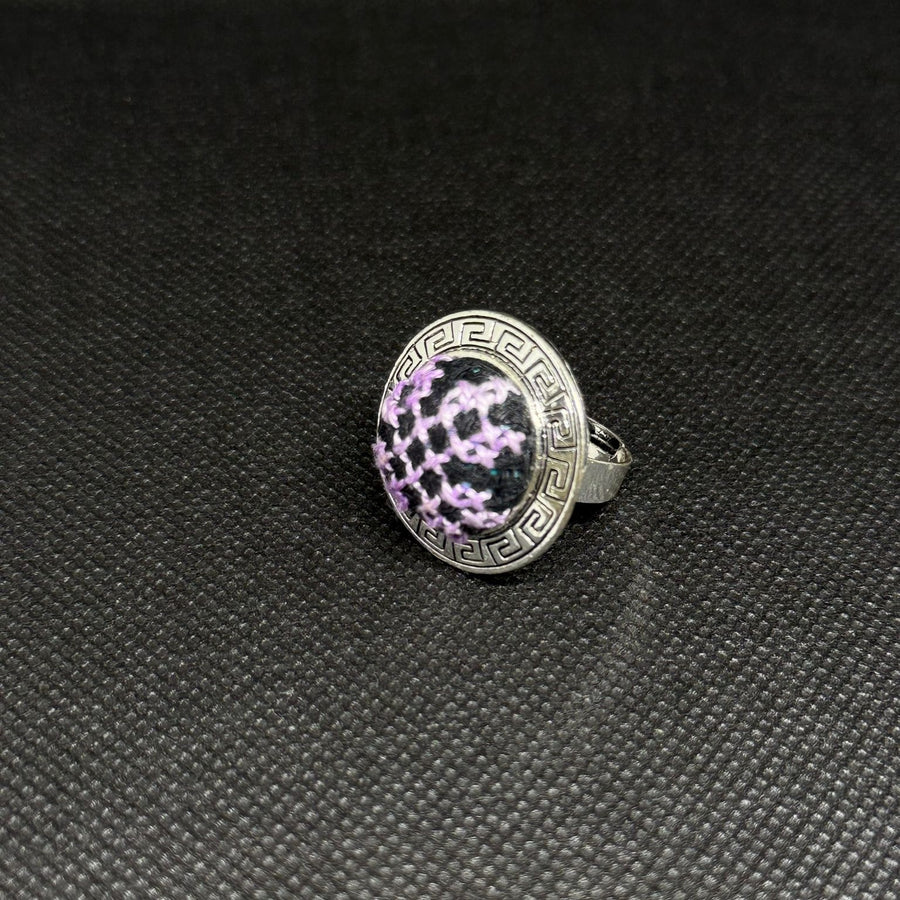 Round Silver Tatreez Embroidered Ring – Purple