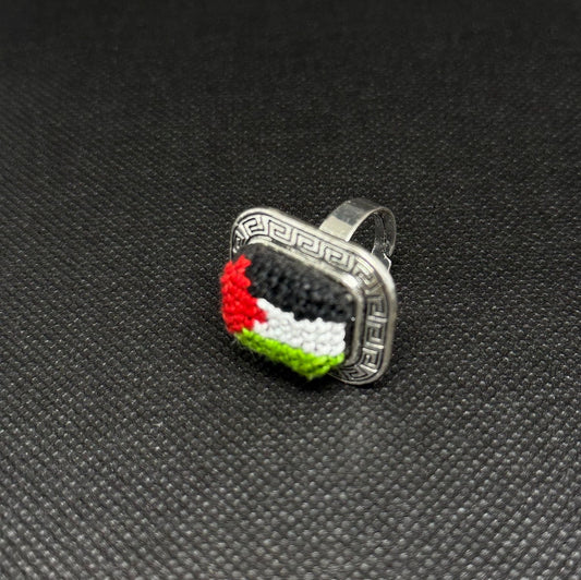 Square Silver Tatreez Palestine Flag Ring