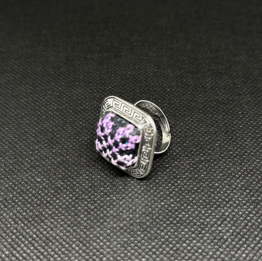Square Silver Tatreez Embroidered Ring β Purple
