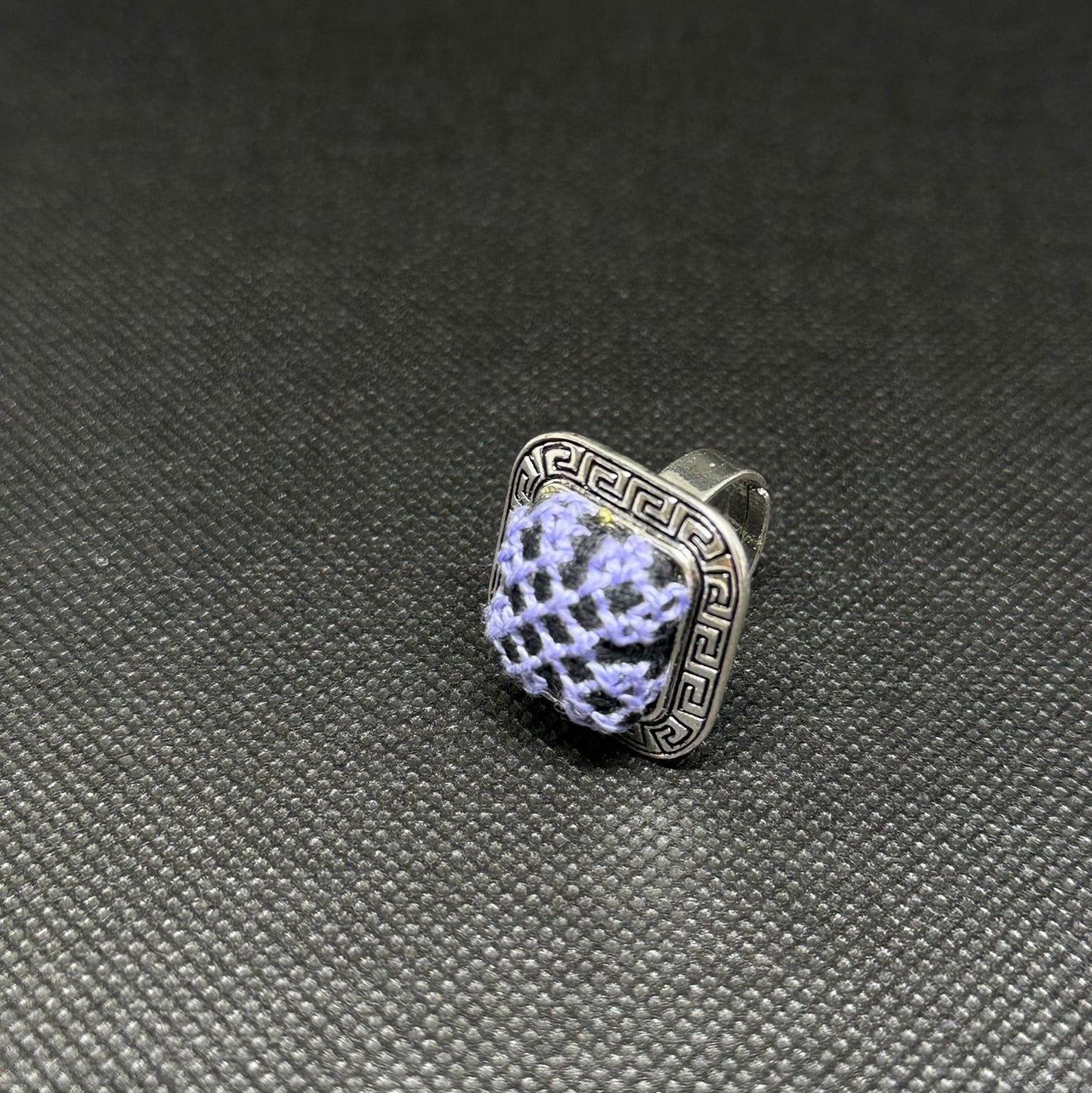 Square Silver Tatreez Embroidered Ring – Light Purple
