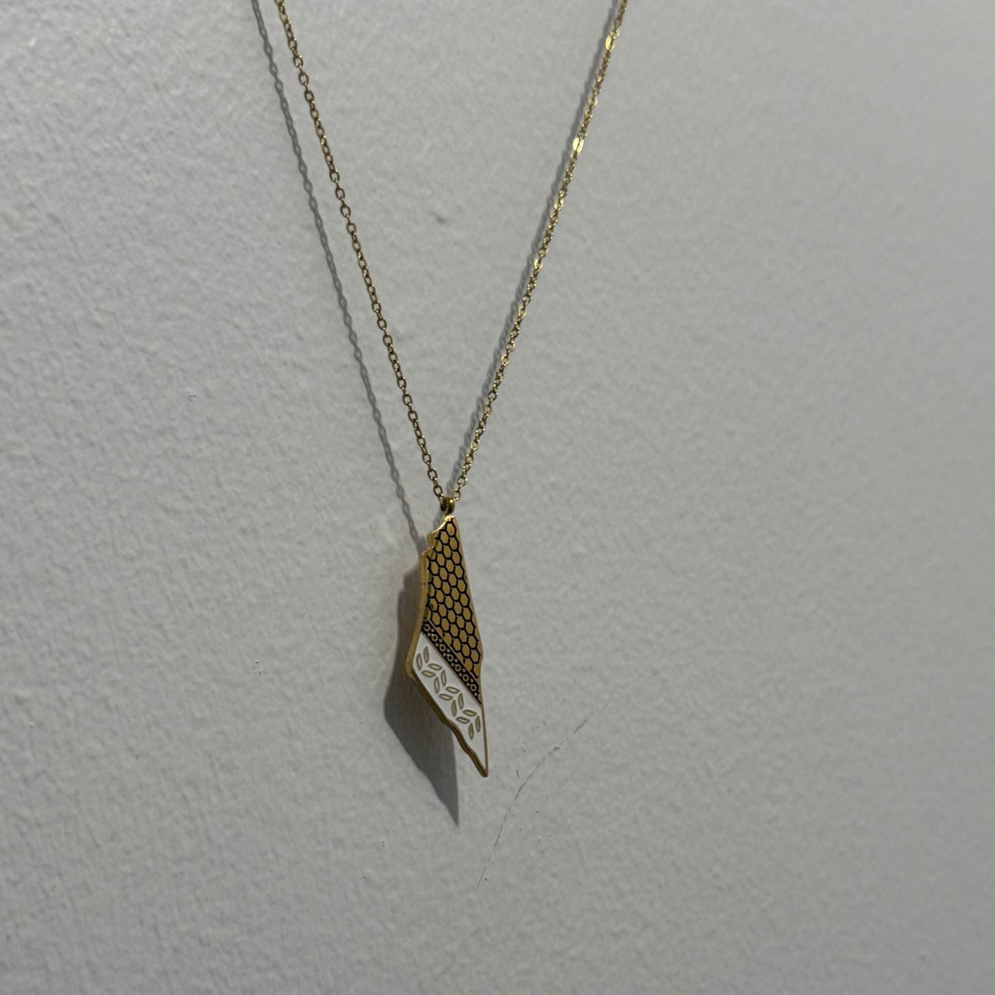 Gold Palestine Map Necklace with Keffiyeh & Olive Motif