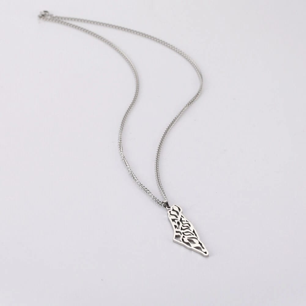 Stainless Steel Palestine Map Necklace – Arabic Calligraphy Cutout Design