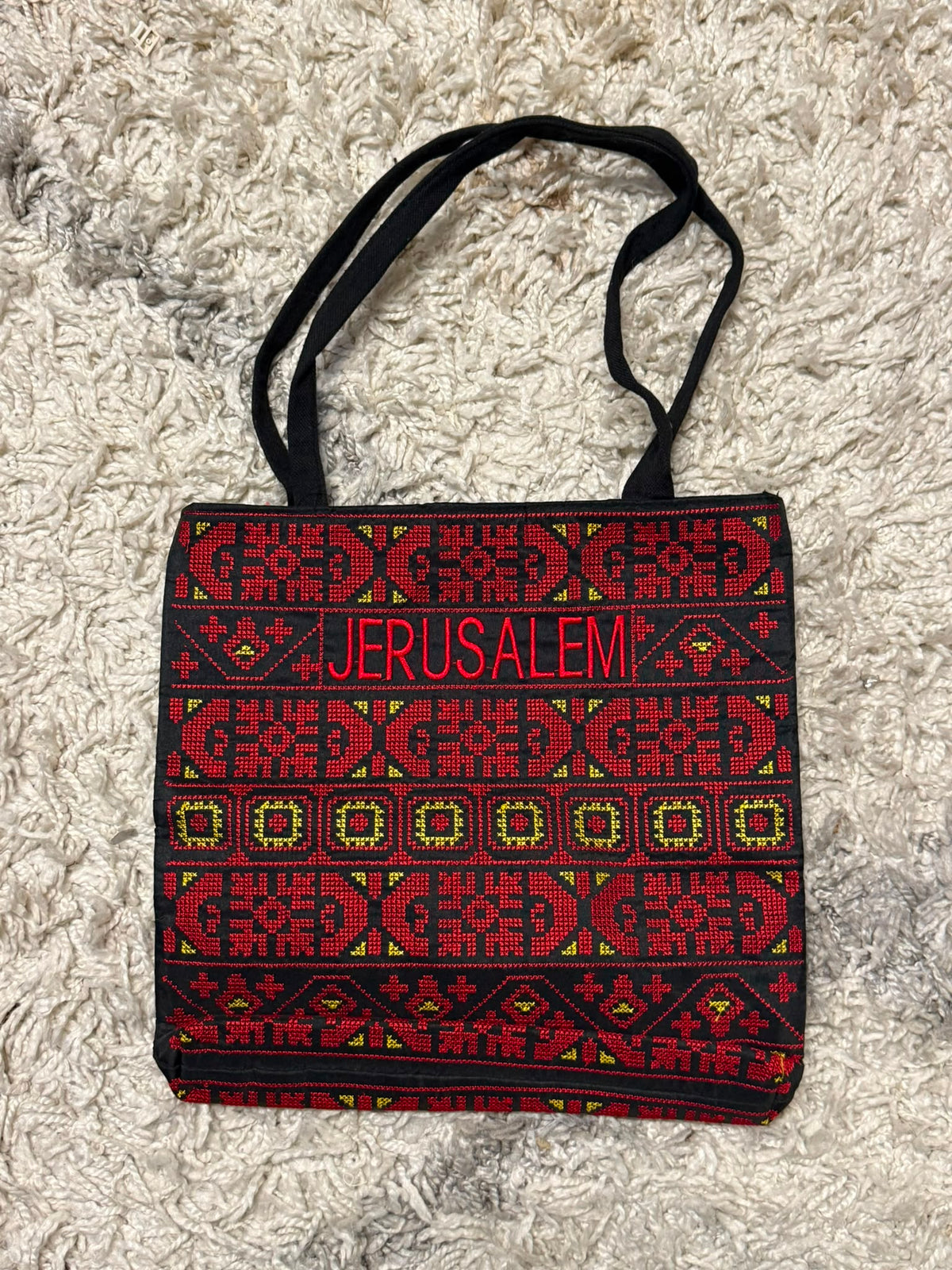 Jerusalem Tatreez Heritage Tote Bag | Red & Yellow Geometric Embroidery