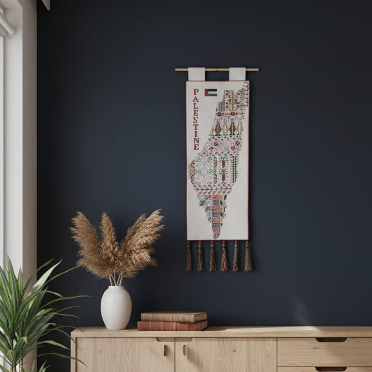 Palestinian Map Wall Hanging – Traditional Tatreez Home Decor | التعليقة الجدارية بخريطة فلسطين بالتطريز التراثي