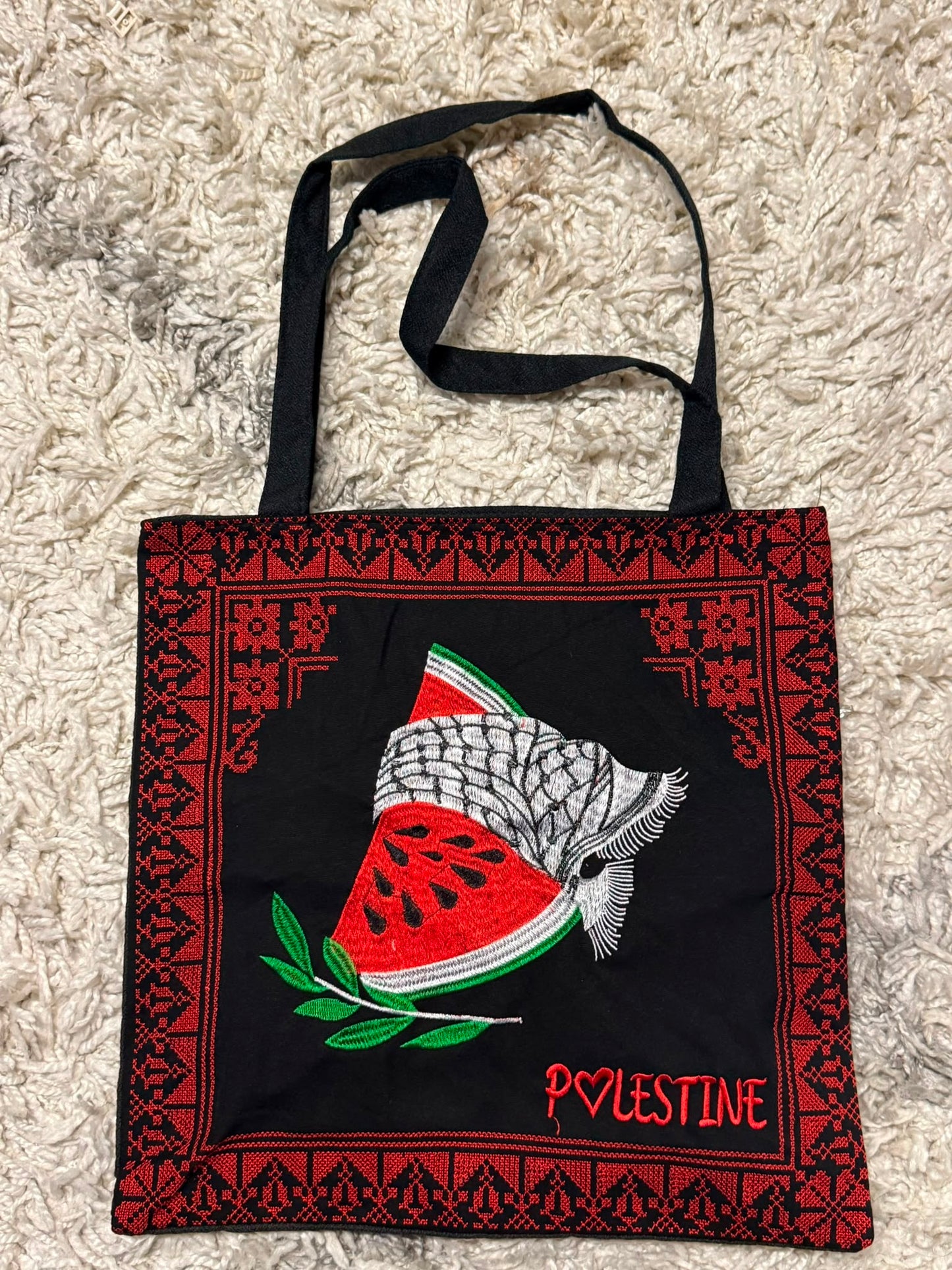 Artisanal Tatreez-Bordered 'Palestine' Heritage Tote Bag - Watermelon, Keffiyeh, & Olive Branch