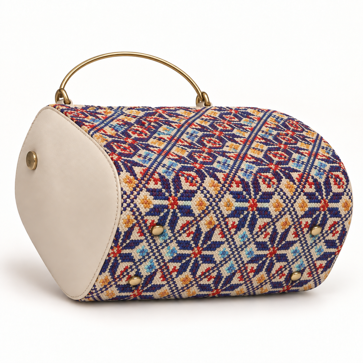 Cream Geometric Barrel-Shaped Handbag — full product view.