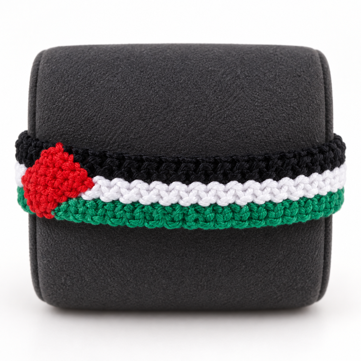 Crochet-style Palestine flag bracelet showing green, white and black rows with a red triangle.