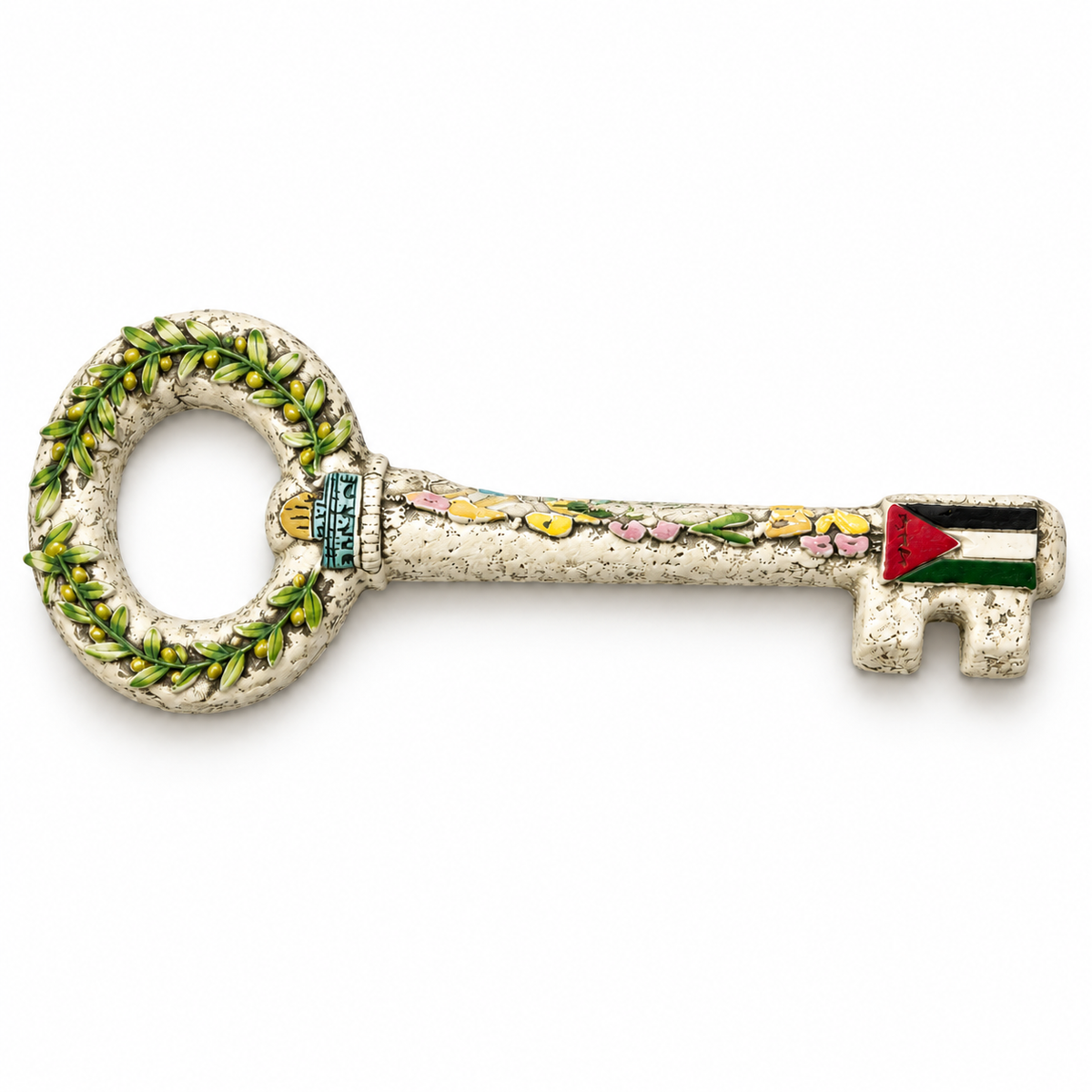Olive branch and Palestine flag decorative key, with a cream-tone textured finish.