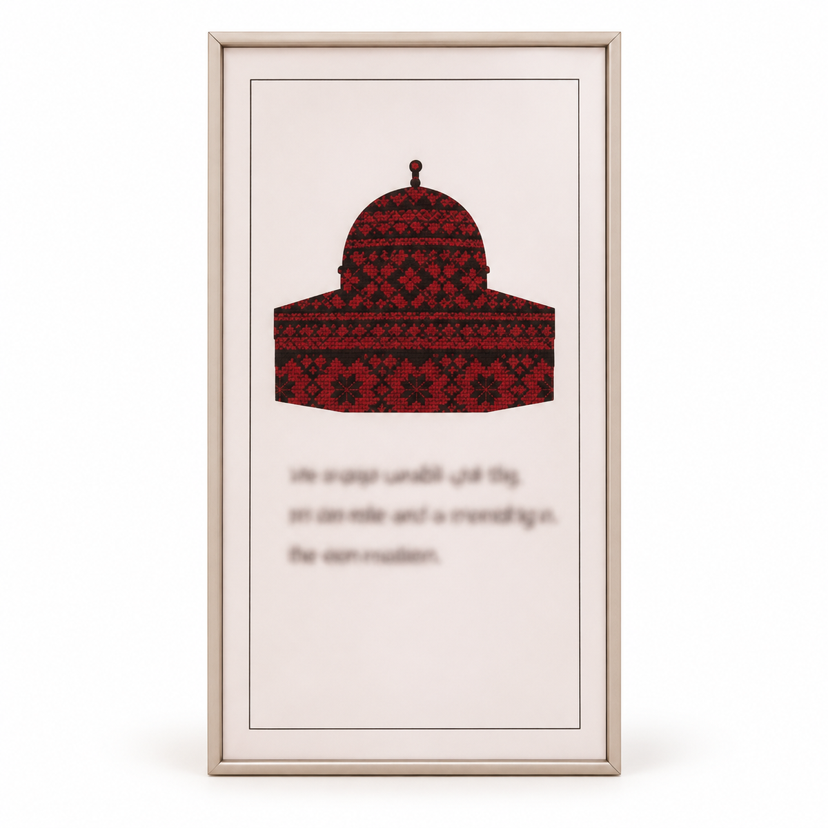 Pale framed artwork with a red-and-black patterned dome and a small text block.