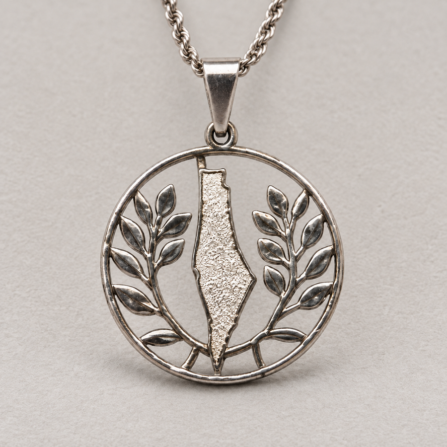 Palestine Map & Olive Branch Circle Necklace – Silver Tone