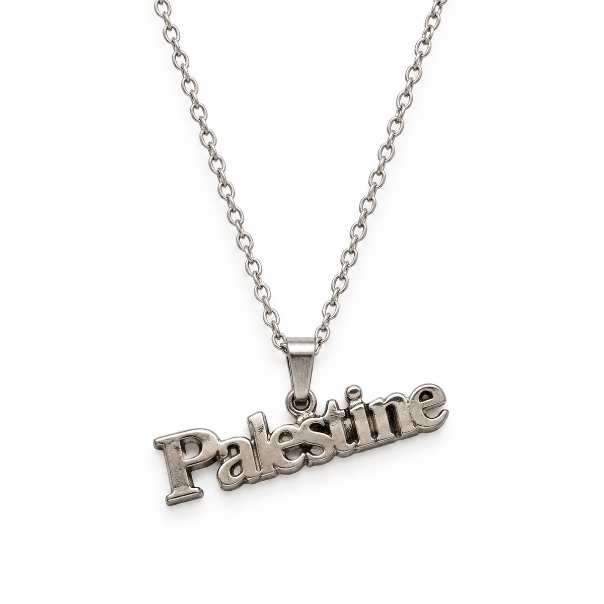 Silver-tone Palestine word necklace with a central bail and matching chain on a white background.