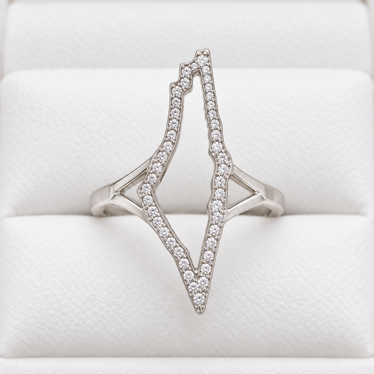 Clear-Stone Open Map Ring – Silver Tone — full product view.