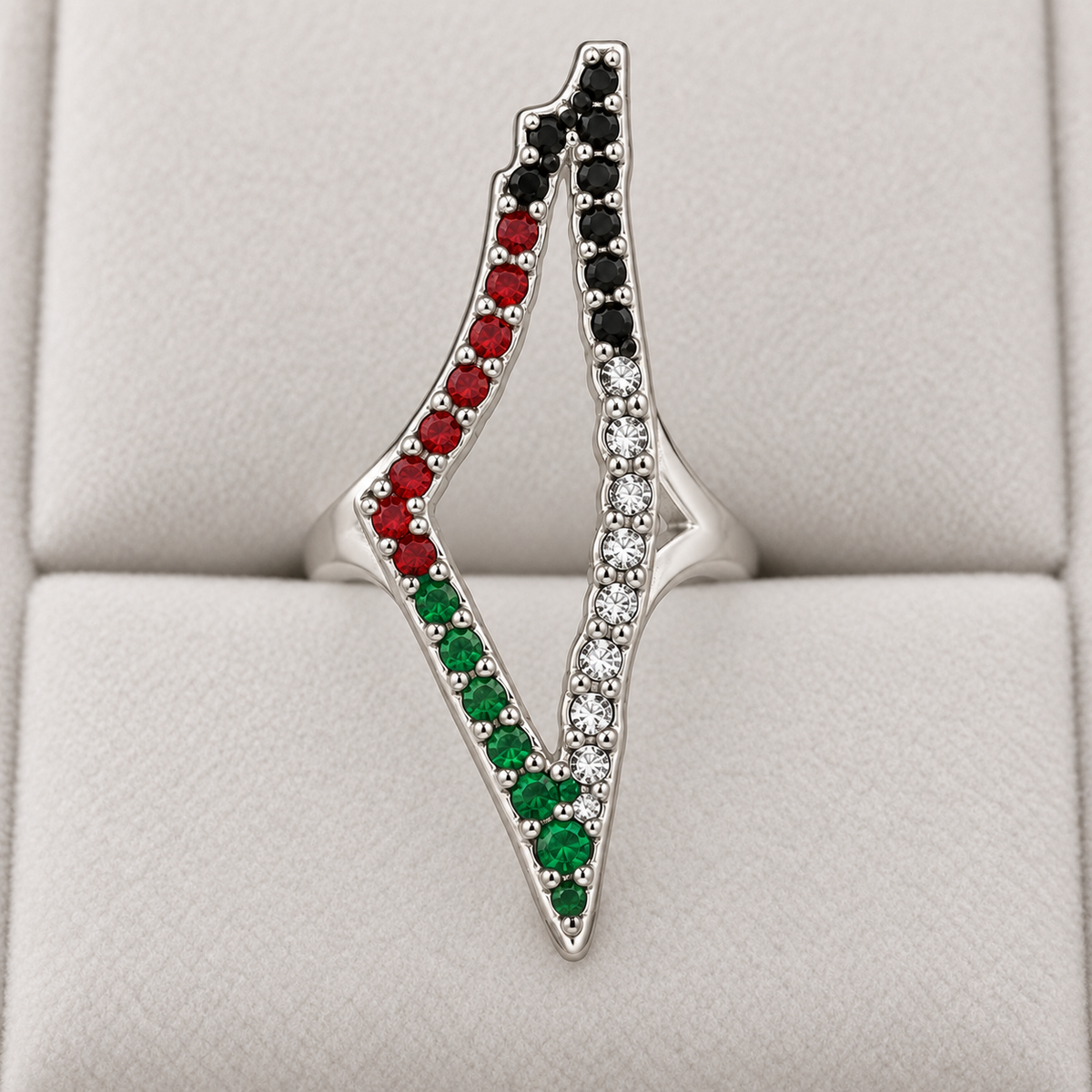 Flag-Color Stone Open Map Ring – Silver Tone — detail of the visible front design.