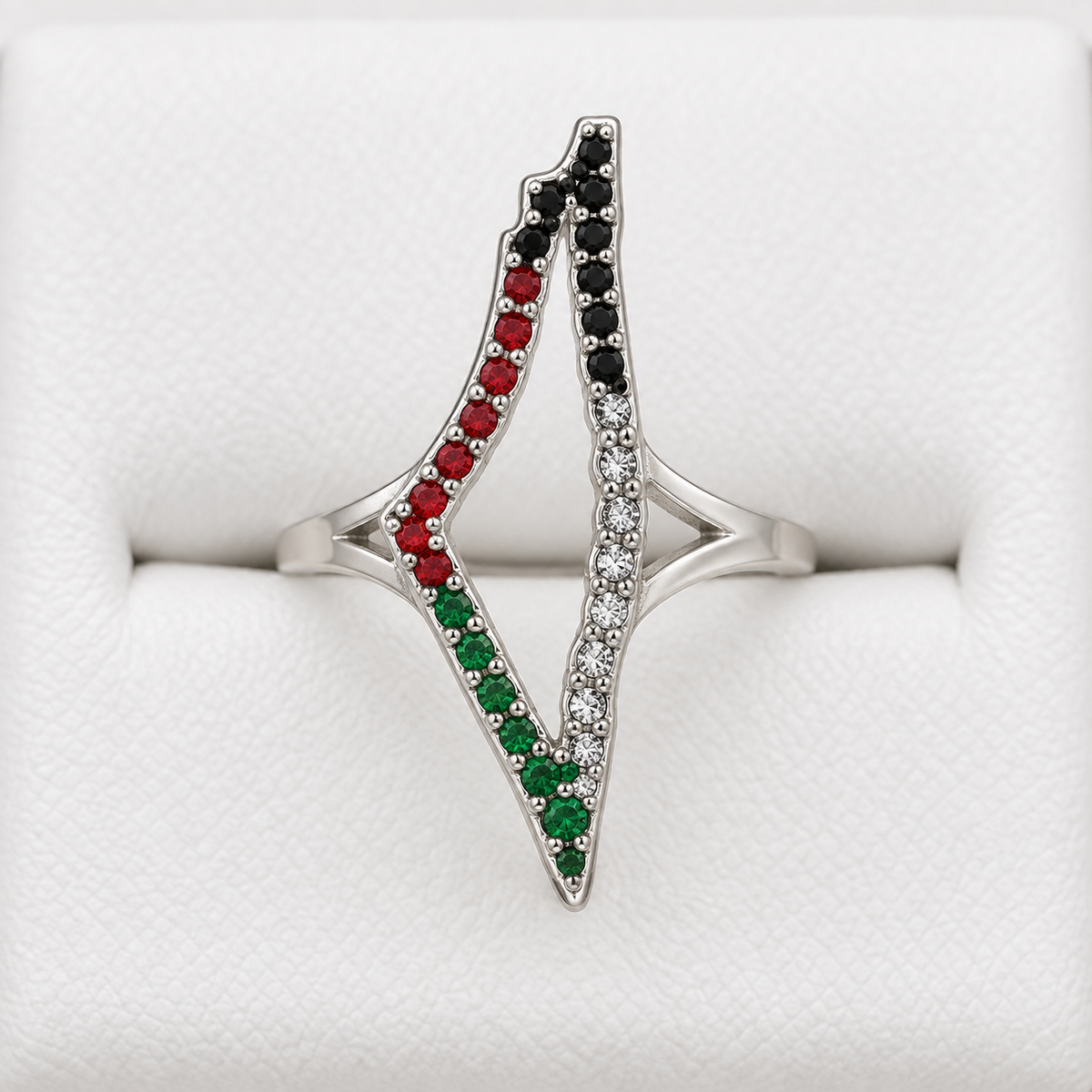 Flag-Color Stone Open Map Ring – Silver Tone — full product view.