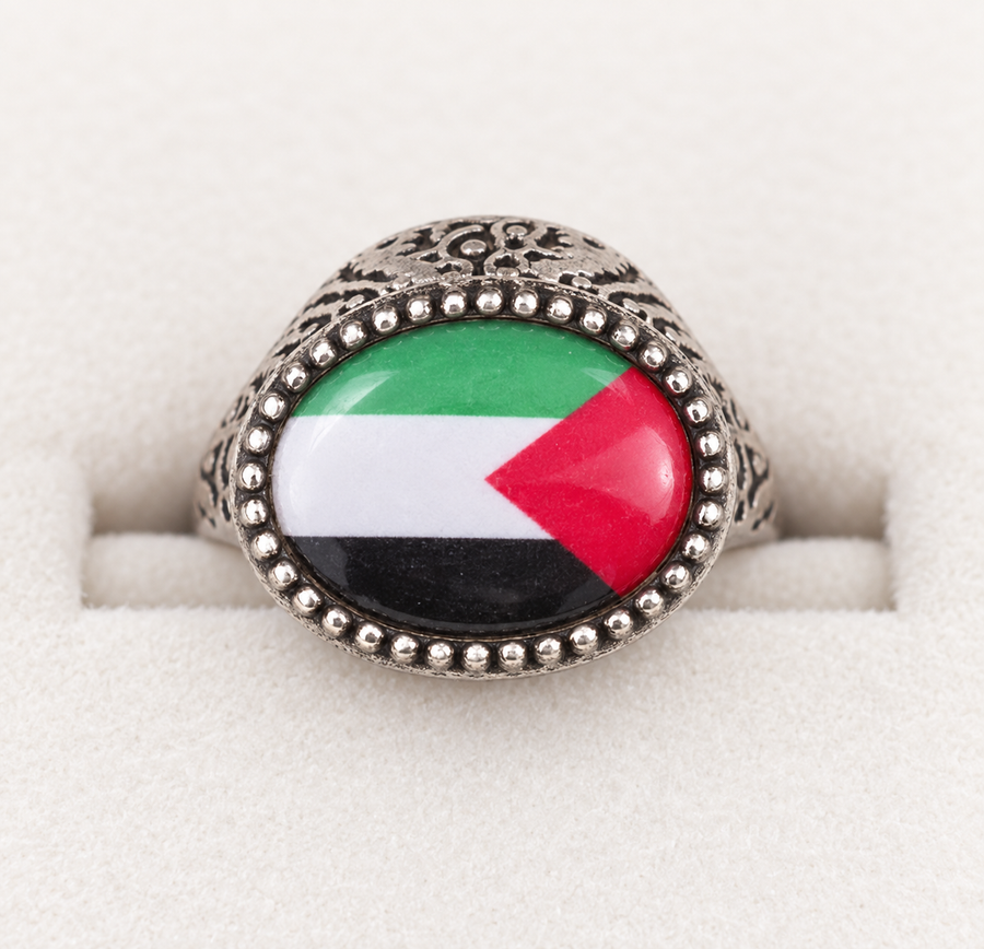 Beaded-Rim Palestine Flag Ring – Silver Tone