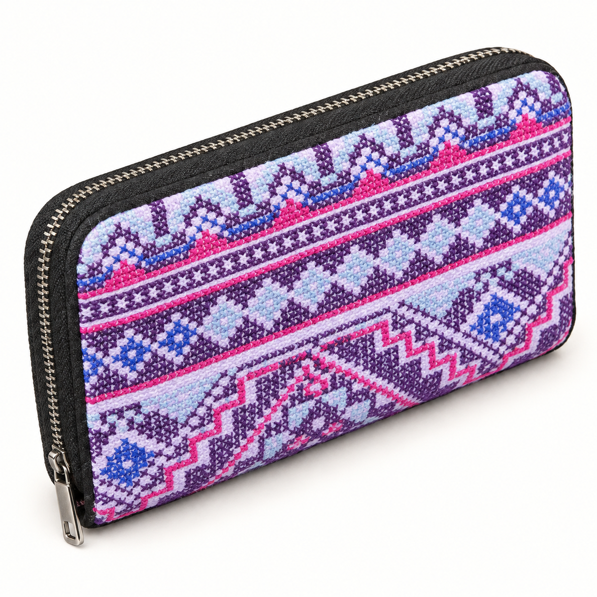 Lavender, Pink & Blue Geometric Embroidered Zip Purse — full product view.