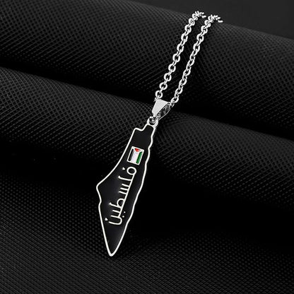 Palestinian Map Necklace – Black Enamel with Flag | Stainless Steel | “فلسطين” Engraving
