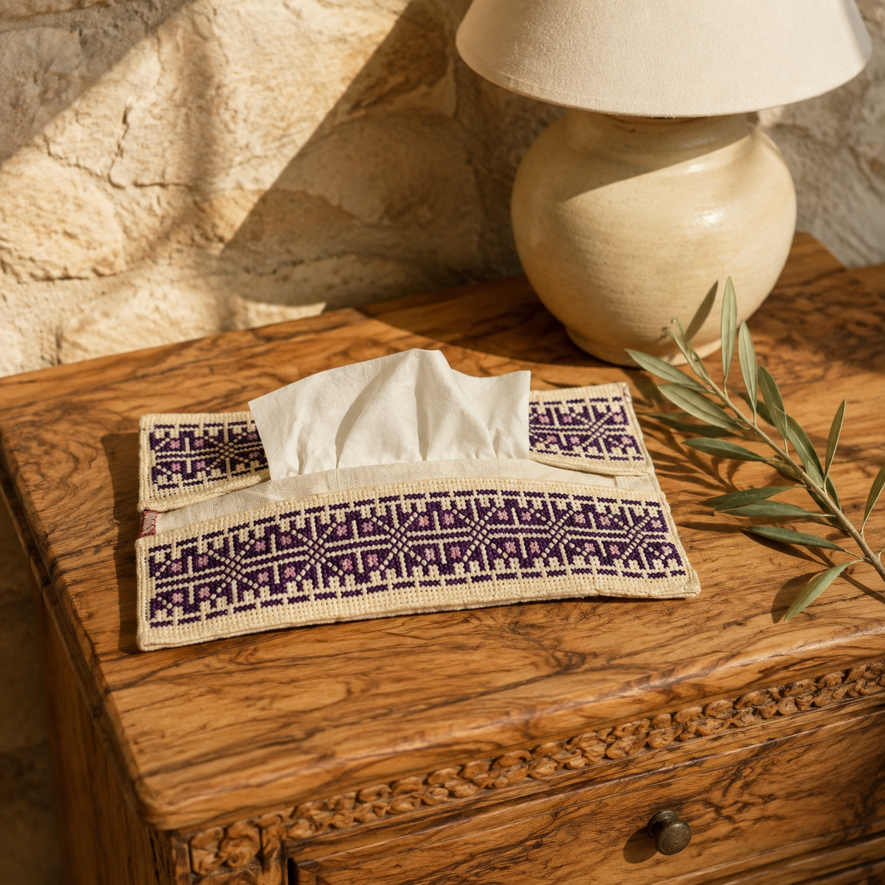 Cream & Violet Palestinian Tatreez Tissue Box Cover