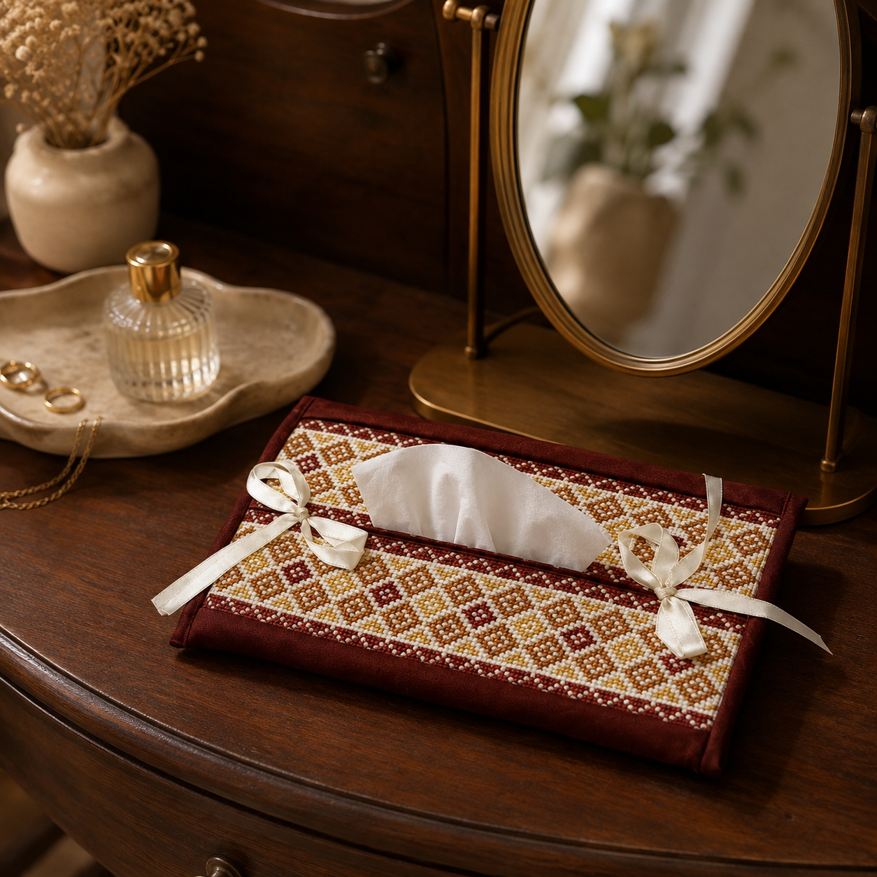 Burgundy Bow Palestinian Tatreez Tissue Box Cover