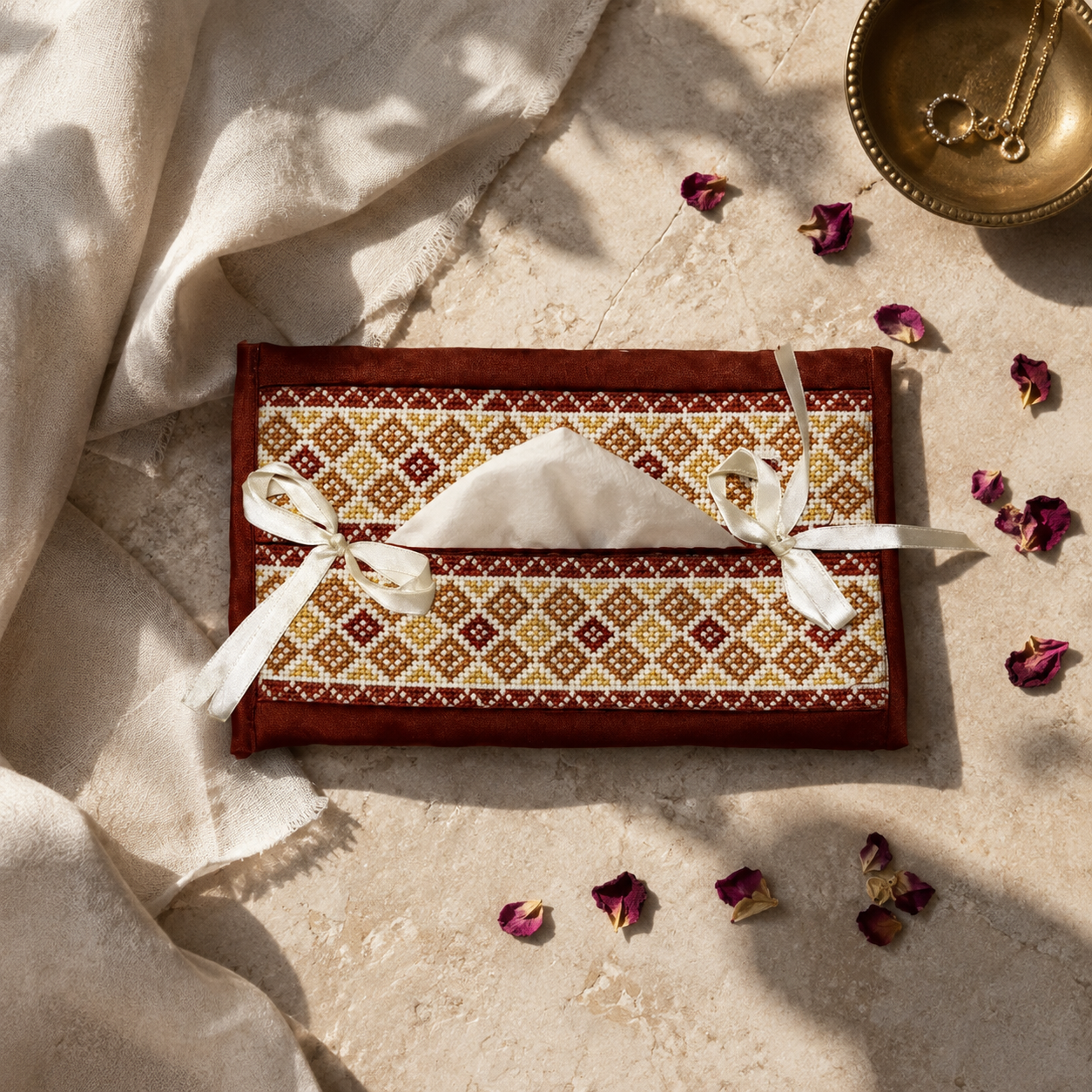Burgundy Bow Palestinian Tatreez Tissue Box Cover