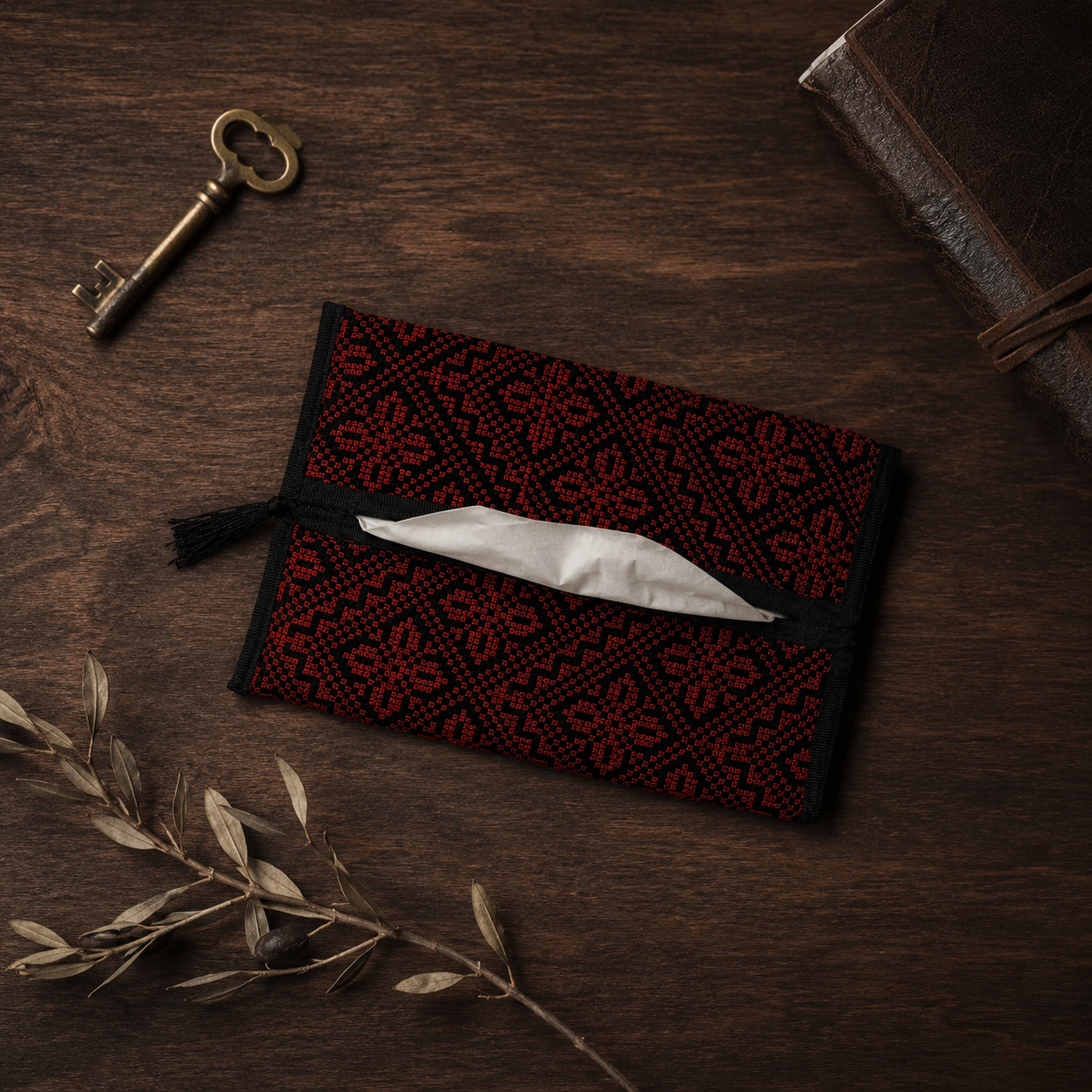 Black & Red Palestinian Tatreez Tissue Box Cover with Tassels