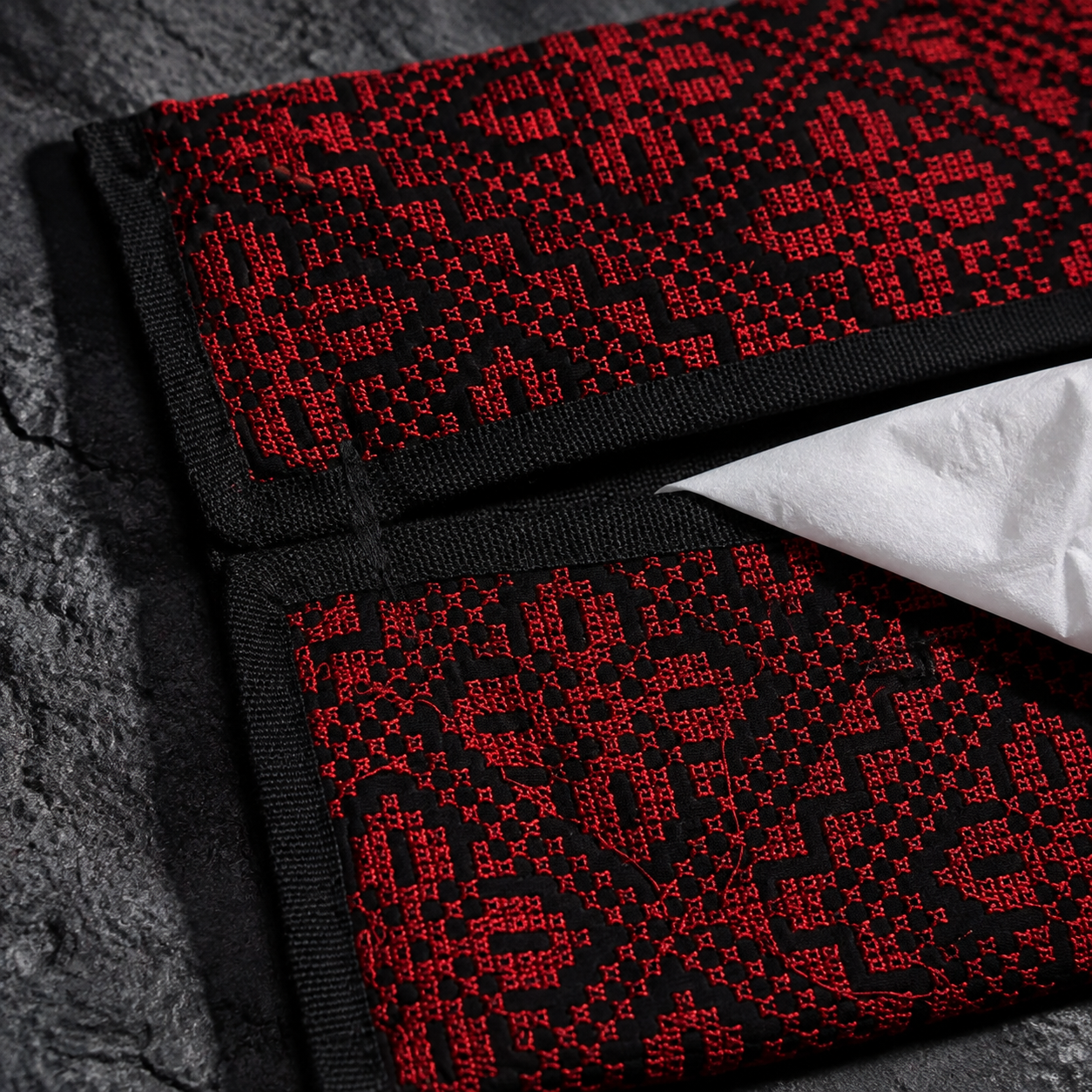 Black & Red Palestinian Tatreez Tissue Box Cover with Tassels