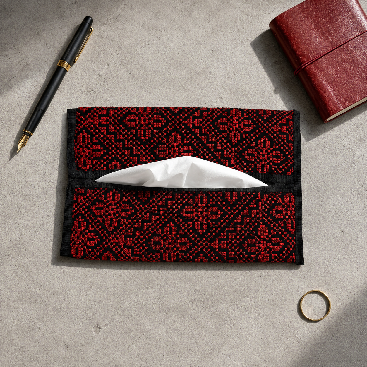 Black & Red Palestinian Tatreez Tissue Box Cover with Tassels